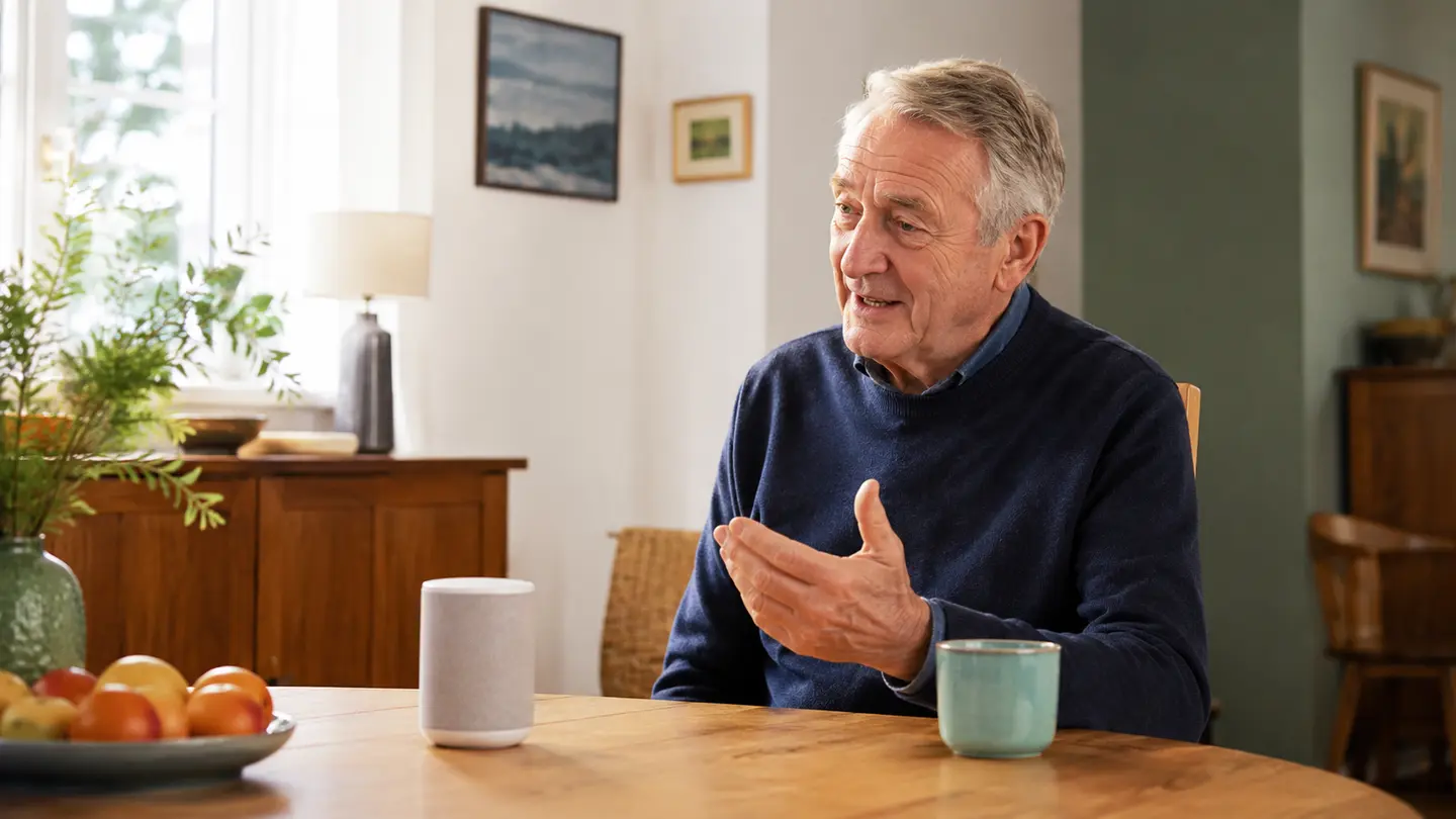 An older adult speaking naturally with a calm voice companion at home